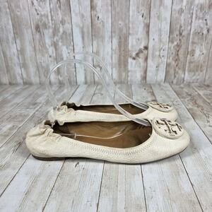 Tory Burch Ballet Flats Leather Logo Medallion Designer‎ Shoes Cream Size 7.5